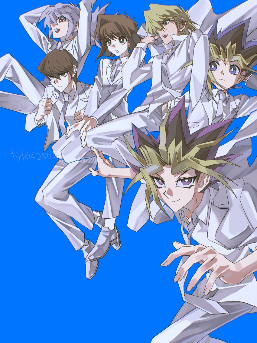 1girl 5boys absurdres bakura_ryou black_hair blonde_hair blue_background brown_hair group_picture highres jacket jonouchi_katsuya kaiba_seto long_hair mazaki_anzu medium_hair multicolored_hair multiple_boys muto_yugi pants pink_hair purple_eyes shirt simple_background skmkst spiked_hair white_jacket white_pants white_shirt yami_yugi yu-gi-oh! yu-gi-oh!_duel_monsters