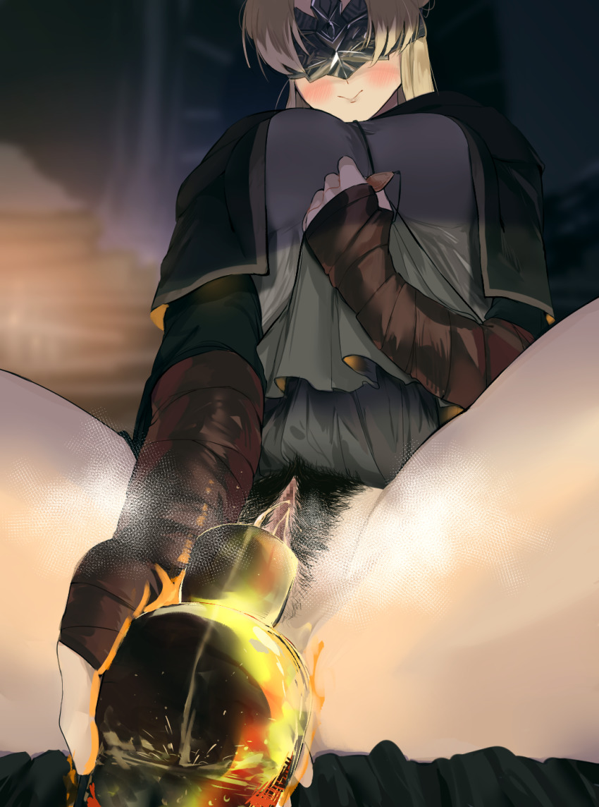 1girl :&gt; blonde_hair blush breasts censored clothes_lift covered_eyes dark_souls_(series) dark_souls_iii dress dress_lift estus_flask female_pubic_hair fire_keeper flask gauntlets highres large_breasts okpriko pee pee_in_container peeing peeing_in_bottle pubic_hair pussy smile solo steaming_body urinal_bottle