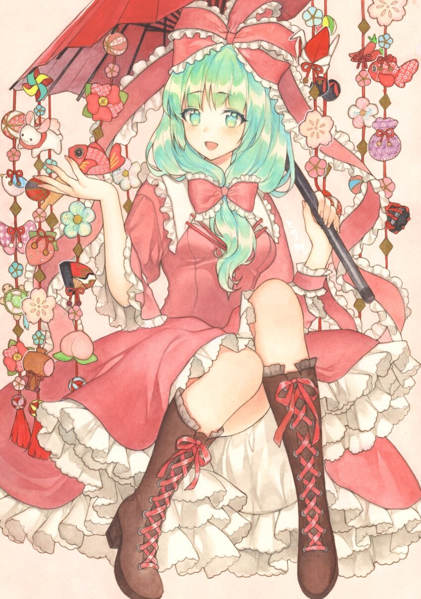 1girl boots bow commentary commentary_request dress front_ponytail green_eyes green_hair hair_ribbon highres hinamatsuri holding holding_umbrella kagiyama_hina looking_at_viewer mugicha_(mugicha0929) red_bow red_dress red_ribbon ribbon sitting smile solo touhou umbrella
