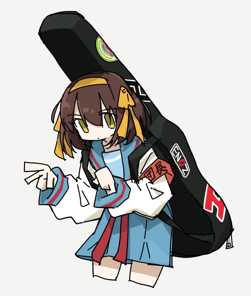 1girl armband blue_sailor_collar blue_skirt brown_hair closed_mouth cowboy_shot cropped_legs dot_mouth enoz grey_background guitar_case h_(letter) hair_between_eyes hair_ribbon hairband highres instrument_case kita_high_school_uniform leaning_forward long_sleeves looking_at_viewer medium_hair red_armband red_ribbon ribbon sailor_collar school_uniform skirt solo sos-dan_logo suzumiya_haruhi suzumiya_haruhi_no_yuuutsu tokiwa_(914) winter_uniform yellow_hairband yellow_ribbon zipper_pull_tab
