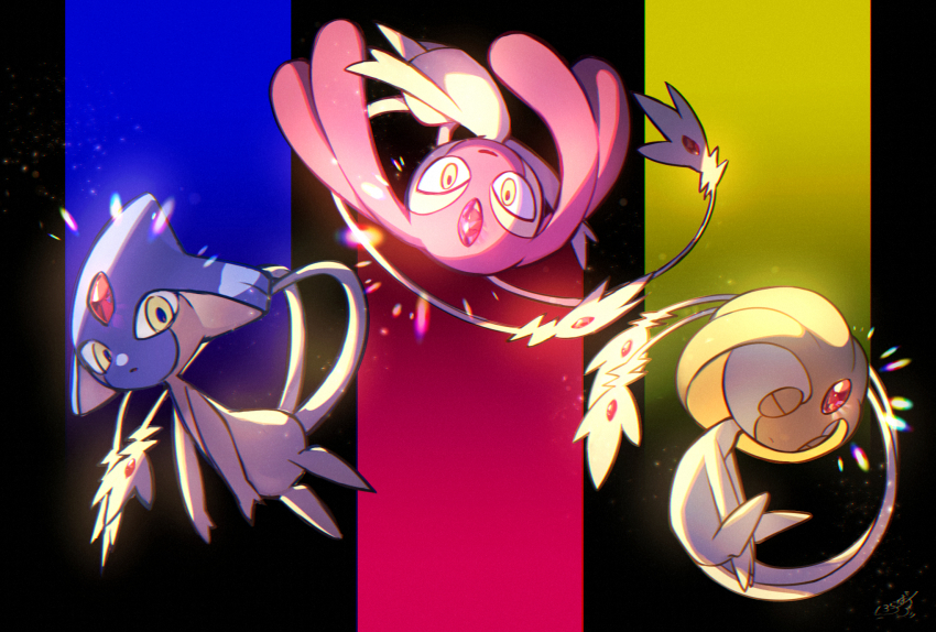 azelf closed_eyes closed_mouth commentary_request forehead_jewel gen_4_pokemon glowing highres legendary_pokemon looking_at_viewer mesprit nintendo no_humans pokemon pokemon_(creature) shiroraba signature upside-down uxie yellow_eyes