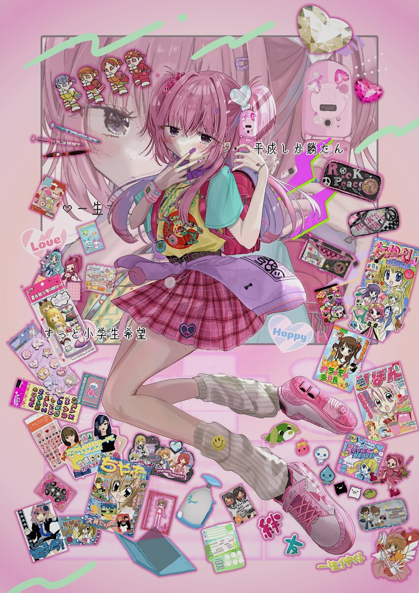 1girl absurdres angel_blue backpack bag cameo cardcaptor_sakura cellphone character_request charmmy_kitty ciao_(shogakukan) cinnamoroll commentary_request copyright_request cure_blossom cure_marine decoden eraser flip_phone full_body fuwa_fuwa_cinnamoroll gyaru hanasaki_tsubomi harukaze_doremi heartcatch_precure! heisei heisei_retro hello_kitty hello_kitty_(character) highres hinamori_amu holding holding_phone jojifuku kero_(cardcaptor_sakura) kinomoto_sakura kinomoto_sakura_(magician) kuchipatchi kurumi_erika leg_warmers long_hair looking_at_viewer magazine_(object) mameshiba_(character) mametchi manga_(object) memetchi nakayoshi ojamajo_doremi original otaku phone pink_hair precure q-lia randoseru ribon_(shueisha) rockin&#039;_heaven sanrio shinanashina shoes shugo_chara! skirt smiley_face solo sticker sticker_sheet tamagotchi tamagotchi_(virtual_pet) tamagotchi_connection twintails uneven_twintails