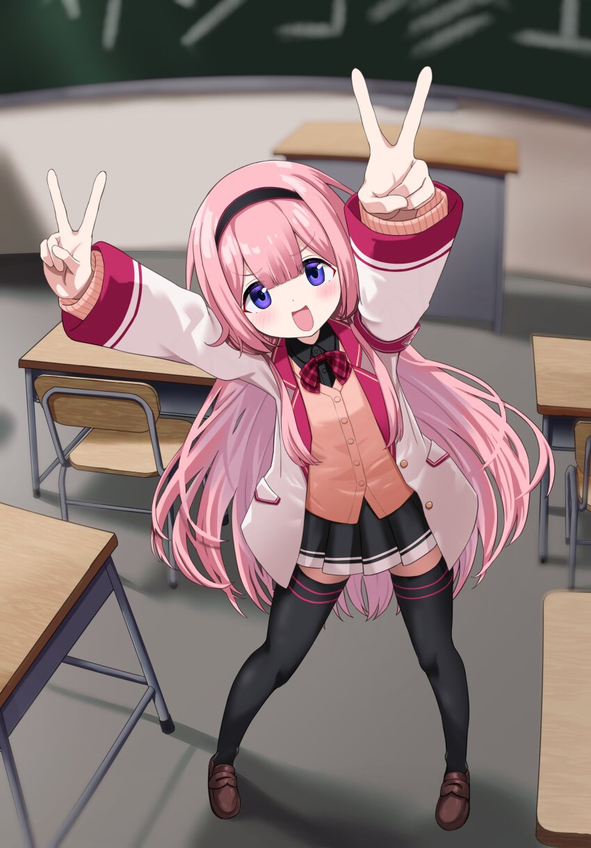 1girl absurdres black_hairband black_shirt black_thighhighs blazer blue_eyes blush bow bowtie brown_shoes chair chalkboard classroom commentary_request desk double_v full_body hairband highres indoors jacket kabi_killer loafers long_hair looking_at_viewer nijisanji open_mouth pink_hair red_bow red_bowtie school_chair school_desk shirt shoes skirt solo suo_sango suo_sango_(1st_costume) thighhighs v virtual_youtuber