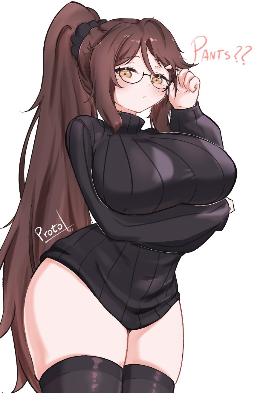 absurdres adjusting_eyewear arm_under_breasts black_sweater black_thighhighs blush borrowed_character bottomless breast_lift breasts brown_eyes brown_hair cowboy_shot curvy english_text from_below glasses heart heart_in_eye highres huge_breasts indie_virtual_youtuber long_hair long_sleeves looking_at_viewer original p_protocoll ponytail ribbed_sweater sidelocks simple_background sky_above_me_(vtuber) sweater swept_bangs symbol_in_eye taut_sweater thighhighs very_long_hair virtual_youtuber white_background zettai_ryouiki