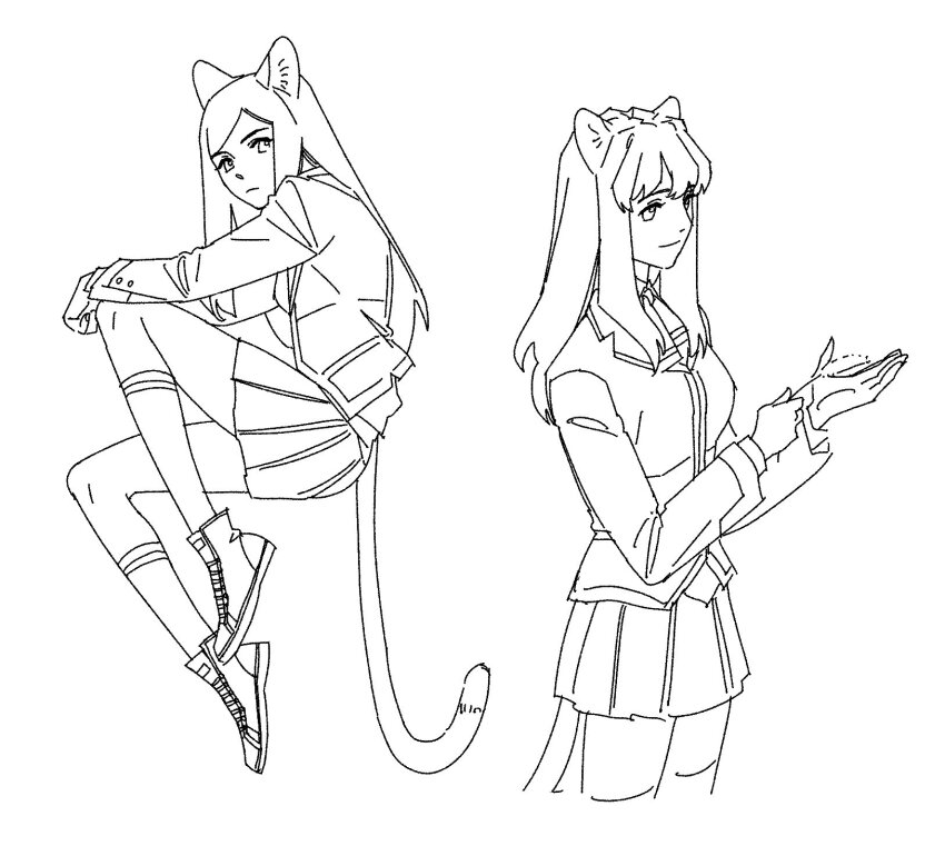 2girls animal_ears cat_ears cat_girl cat_tail closed_mouth commentary fujino_shizuru fuuka_academy_school_uniform greyscale guri_gom highres invisible_chair jacket kemonomimi_mode kuga_natsuki long_sleeves looking_at_viewer monochrome multiple_girls my-hime pleated_skirt school_uniform shoes sitting skirt smile socks tail