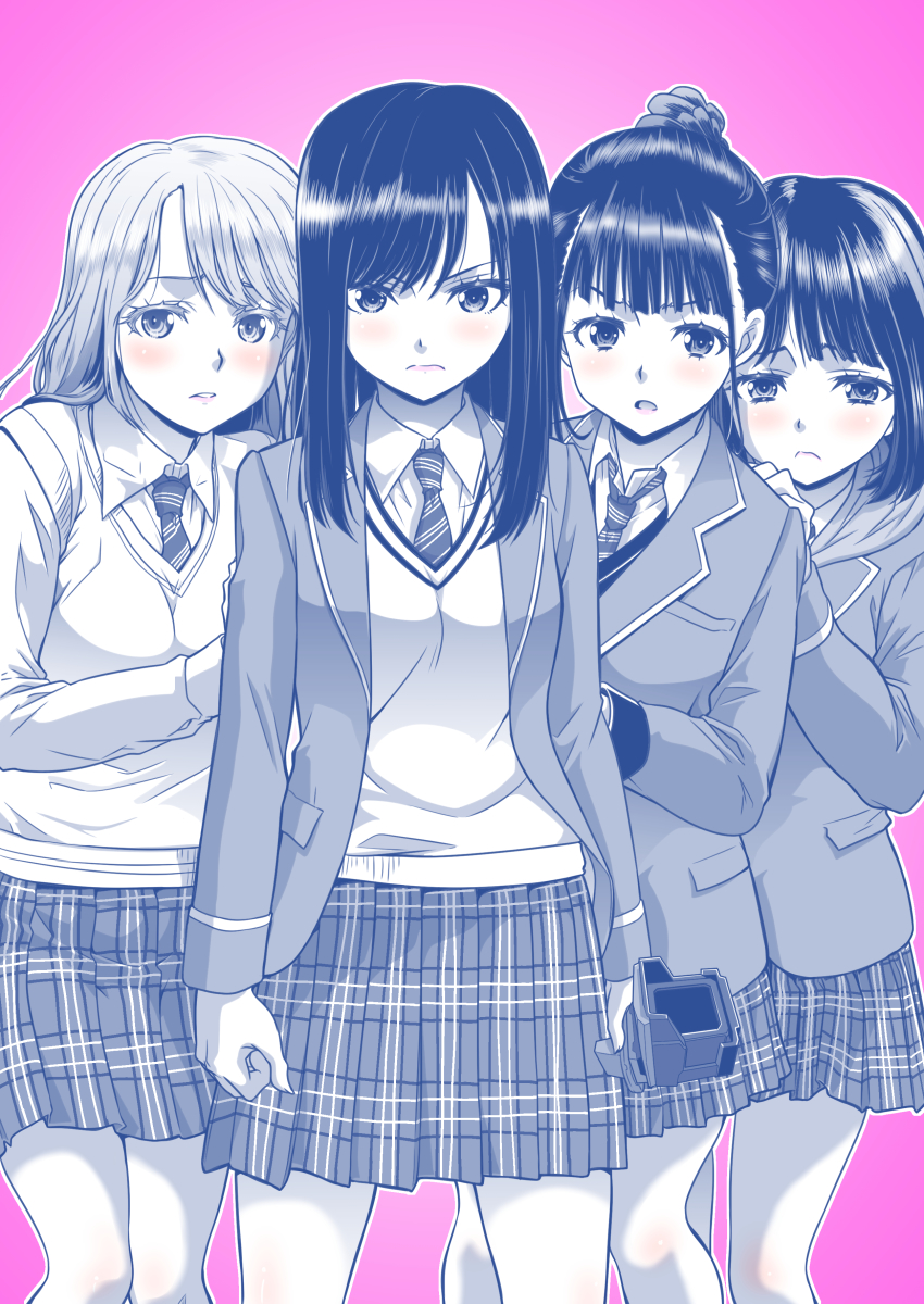 4girls absurdres character_request frown greyscale half_updo high_ponytail highres igarashi_sakura jacket kamen_rider kamen_rider_revice kaneko_naoya miniskirt monochrome multiple_girls necktie pink_background plaid_clothes plaid_necktie plaid_skirt pleated_skirt ponytail scared school_uniform serious skirt sweater_vest
