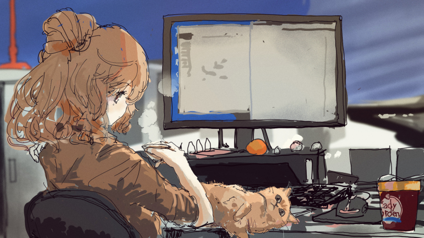 1girl at_computer blurry blurry_background brown_eyes brown_hair brown_shirt cat cevio chair commentary_request computer computer_keyboard computer_mouse cup food from_behind fruit hair_bun highres holding holding_cup hot_drink ice_cream_tub indoors kabuyama_kaigi long_hair looking_at_animal office_chair on_chair orange_(fruit) profile satou_sasara shirt short_sleeves side_ponytail single_side_bun sitting sleeves_rolled_up solo steam swivel_chair upper_body