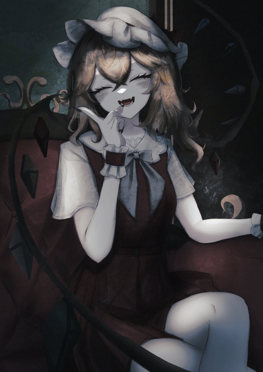 1girl absurdres ascot black_nails blonde_hair closed_eyes coughing crossed_legs dress fangs flandre_scarlet gosick goth_fashion hat highres looking_at_viewer medium_hair mob_cap red_dress sitting smile solo sutorobo72 touhou yellow_ascot
