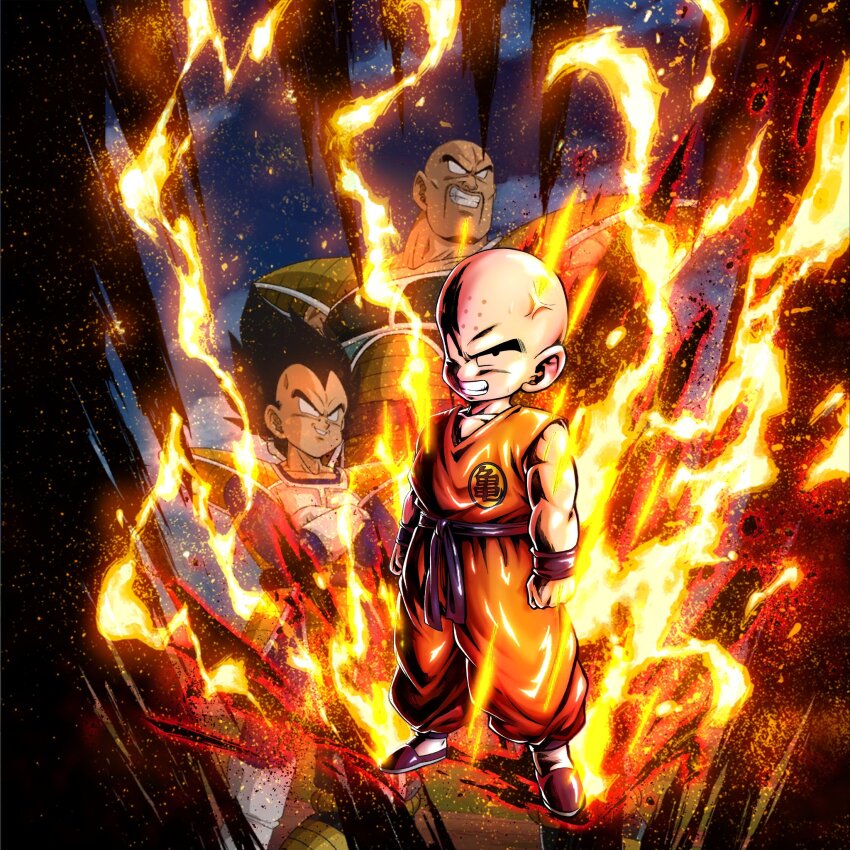 3boys anger_vein angry aura bald bald_male black_eyes dragon_ball highres kuririn looking_at_viewer multiple_boys muscular muscular_male nappa official_art serious vegeta