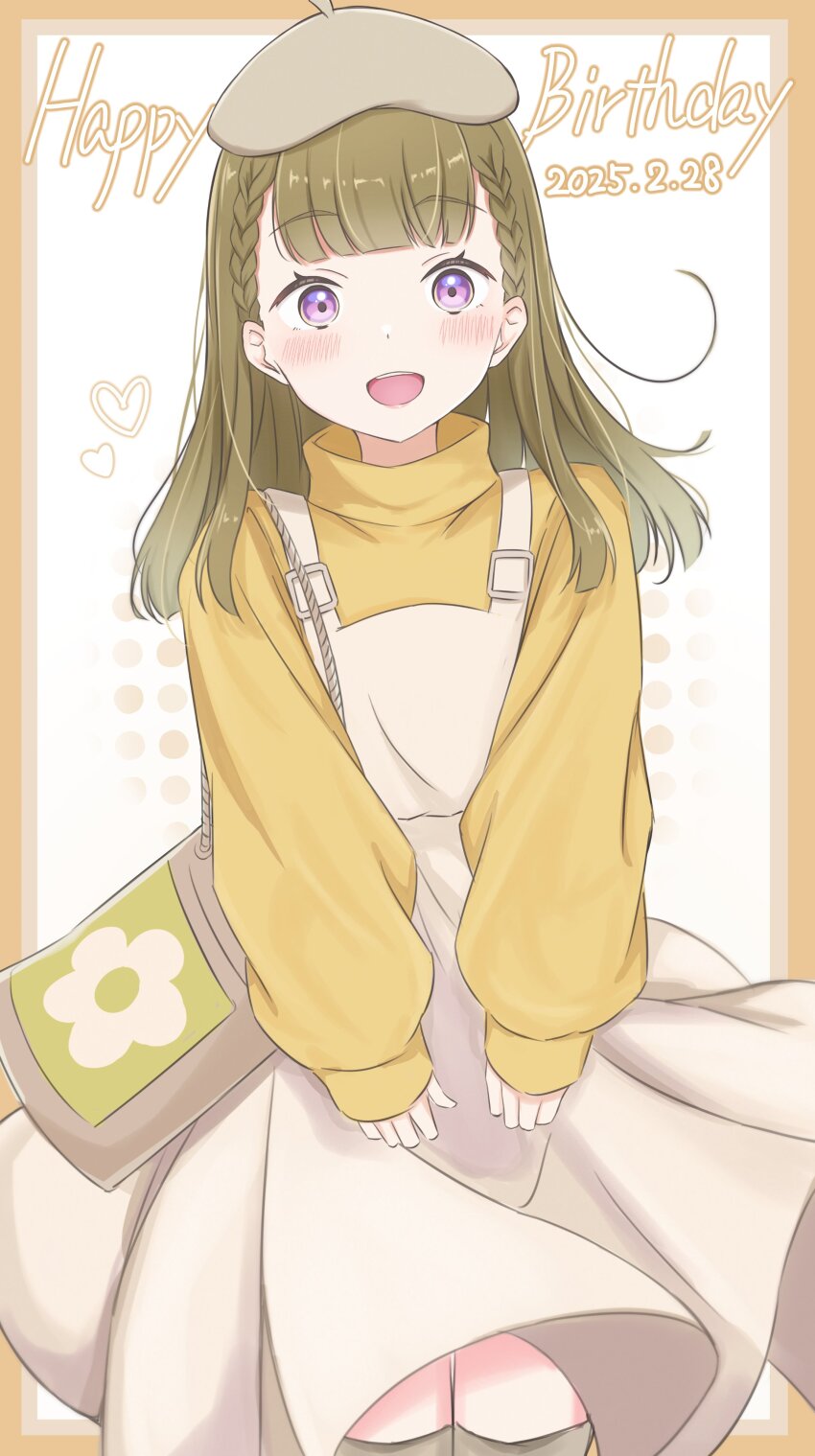 1girl :d absurdres beret border braid brown_bag brown_dress brown_hair brown_hat center-flap_bangs commentary_request dress happy_birthday hat heart highres iroha_(nami3) kachimachi_kosuzu kachimachi_kosuzu_(osanpo_nikki) link!_like!_love_live! long_hair long_sleeves looking_at_viewer love_live! medium_dress official_alternate_costume open_mouth orange_border outside_border pink_eyes puffy_long_sleeves puffy_sleeves side_ahoge side_braids smile solo standing straight_hair sweater teeth turtleneck turtleneck_sweater upper_teeth_only virtual_youtuber white_background yellow_sweater