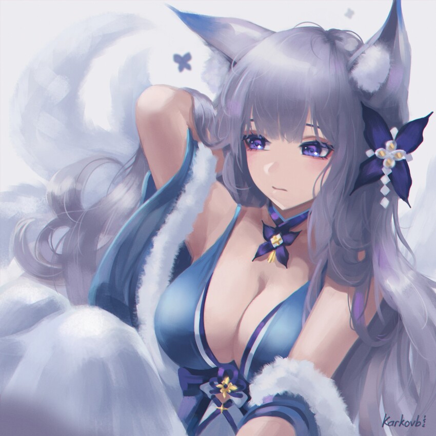 1girl animal_ear_fluff animal_ears artist_name azur_lane bare_shoulders blue_butterfly blue_collar blue_dress breasts bug butterfly cleavage collar dress evening_gown fox_ears fox_girl grey_hair halter_dress halterneck highres insect karkovb152 kitsune kyuubi large_breasts large_tail long_hair mixed-language_commentary multiple_tails official_alternate_costume purple_eyes shinano_(azur_lane) shinano_(dreams_of_the_hazy_moon)_(azur_lane) solo tail very_long_hair white_tail