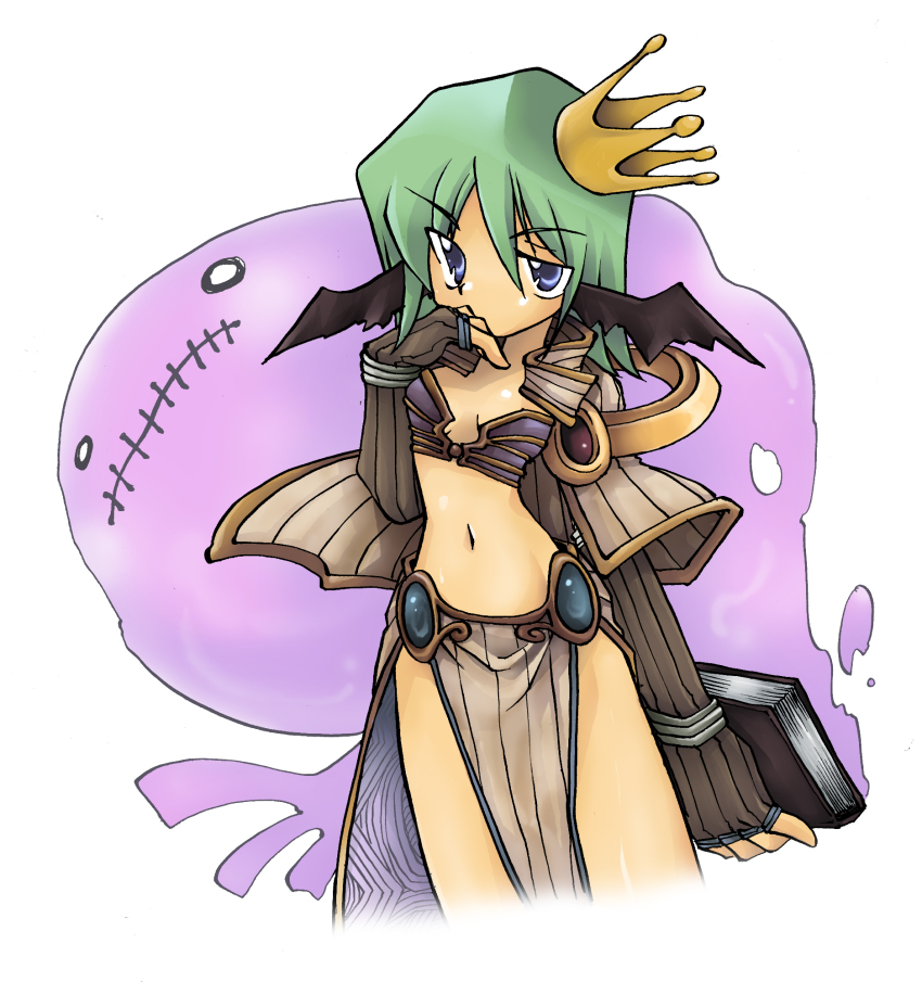 1girl bikini bikini_top_only black_wings blue_eyes book breasts brown_capelet brown_gloves brown_skirt capelet commentary_request cowboy_shot crown fallen_bishop_hibram fingerless_gloves ghost gloves green_hair hasenyo head_wings highres holding holding_book looking_at_viewer medium_hair navel pelvic_curtain purple_bikini ragnarok_online sage_(ragnarok_online) skirt small_breasts solo striped_capelet swimsuit wings