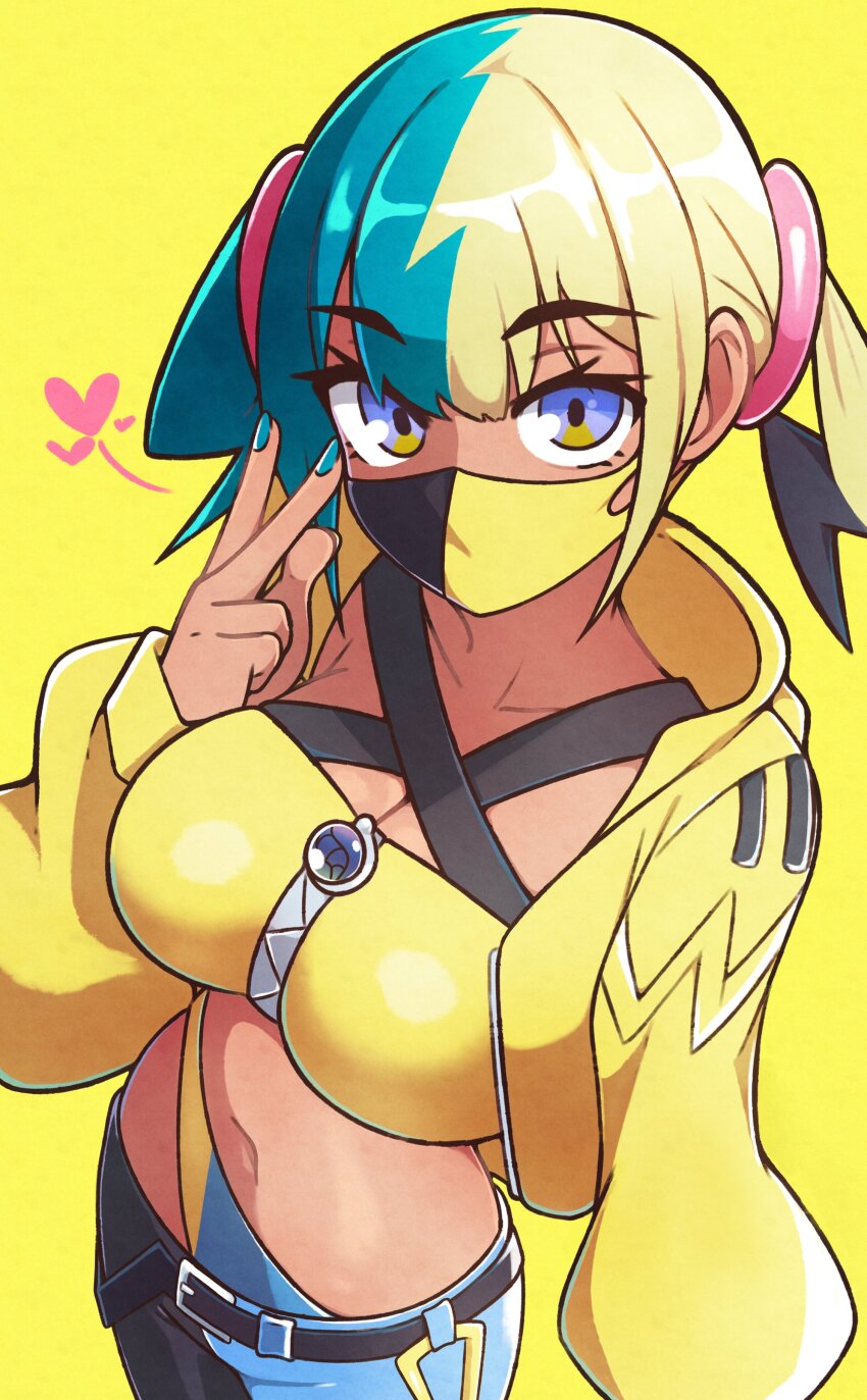 1girl absurdres aqua_hair bandeau black_hair black_pants blonde_hair blue_nails blue_pants canari_(pokemon) crop_top heart highres jacket jeff_miga mask mega_stone mouth_mask multicolored_hair navel nintendo open_clothes open_jacket pants pokemon pokemon_legends:_z-a short_hair solo twintails two-tone_pants yellow_background yellow_jacket