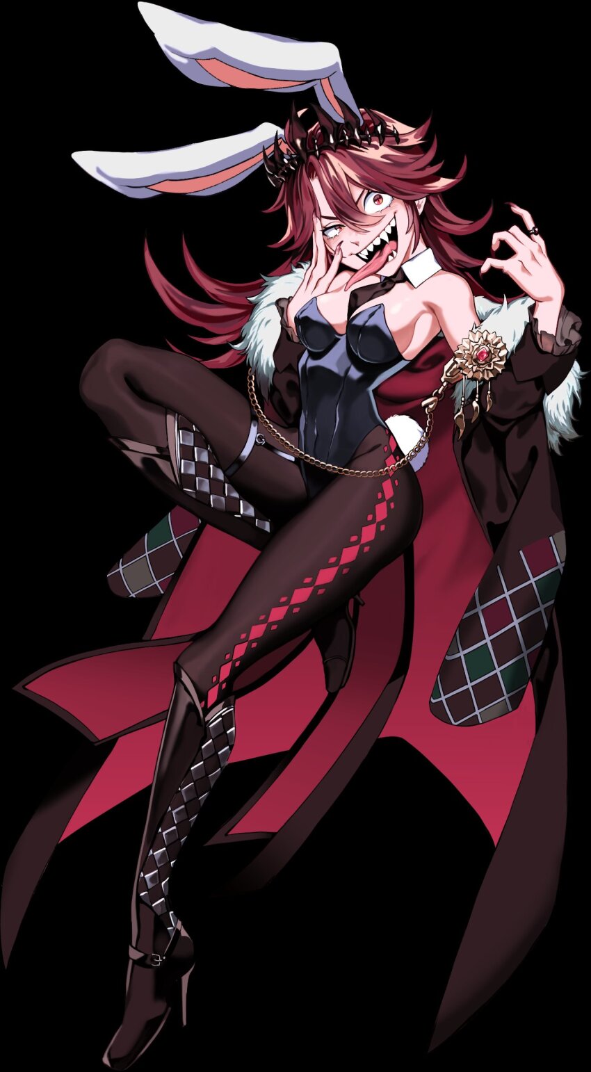 alternate_costume animal_ears black_boots black_necktie black_pantyhose black_tiara blue_eyes boots breasts cleavage crazy_eyes detached_collar full_body fur-trimmed_jacket fur_trim genderswap genderswap_(mtf) grin hair_between_eyes high_heel_boots high_heels highres hiropon_(owo_hiropon) holostars holostars_english jacket jewelry jurard_t_rexford knee_boots leg_up leotard long_hair long_tongue looking_at_viewer necktie off_shoulder open_clothes open_jacket open_mouth pantyhose rabbit_ears rabbit_tail red_eyes red_hair shiny_clothes smile solo tail thigh_strap tiara tongue tongue_out transparent_background virtual_youtuber
