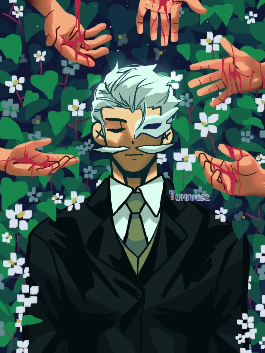 1boy ahoge artist_name black_suit blood blood_on_hands buttons closed_eyes closed_mouth collared_shirt corpse disembodied_hand dress_shirt facial_hair facing_viewer flower formal_clothes from_above funeral grey_hair hair_slicked_back half_mask highres kagurabachi lapels long_sleeves male_focus mask mask_over_one_eye mustache necktie sazanami_kyora shirt short_hair solo_focus straight-on suit upper_body white_flower white_hair white_shirt yellow_necktie yunaris