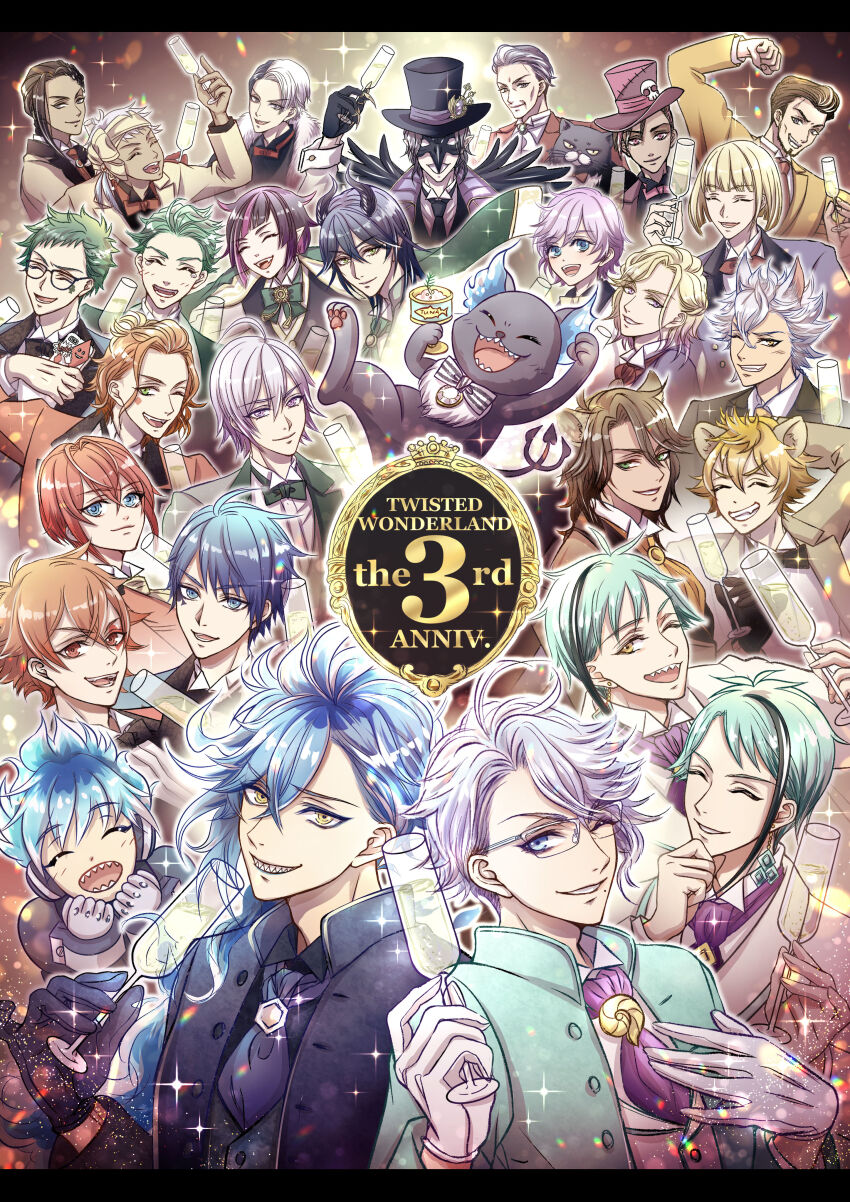 6+boys absurdres ahoge animal_ears anniversary ascot az_az_risa azul_ashengrotto black-framed_eyewear black_bow black_bowtie blonde_hair blue_eyes blue_hair bow bowtie brown_hair canned_tuna cat cellphone champagne_flute character_request closed_eyes copyright_name cup drinking_glass floyd_leech glasses gloves green_eyes green_hair grim_(twisted_wonderland) hair_between_eyes hat hat_ornament highres holding holding_cup holding_phone idia_shroud jade_leech leona_kingscholar lion_ears lucius_(twisted_wonderland) multicolored_hair multiple_boys necktie one_eye_closed open_mouth phone pink_hair purple_eyes purple_hair red_bow red_bowtie riddle_rosehearts sam_(twisted_wonderland) sharp_teeth skull_hat_ornament smile teeth top_hat twisted_wonderland white_gloves white_hair yellow_eyes