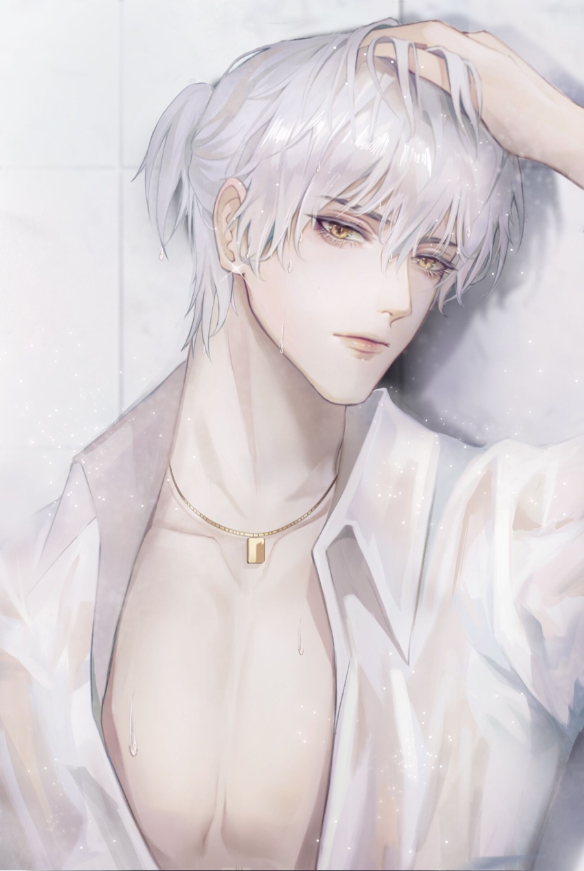 1boy absurdres closed_mouth collarbone collared_shirt dog_tags expressionless hair_between_eyes half_updo hand_in_own_hair highres light_and_night_love lips looking_at_viewer male_focus partially_unbuttoned qi_sili shirt short_hair sideways_glance solo tile_wall tiles upper_body water_drop wet wet_clothes wet_hair wet_shirt white_hair white_shirt yellow_eyes youshangdexianyuwangzi