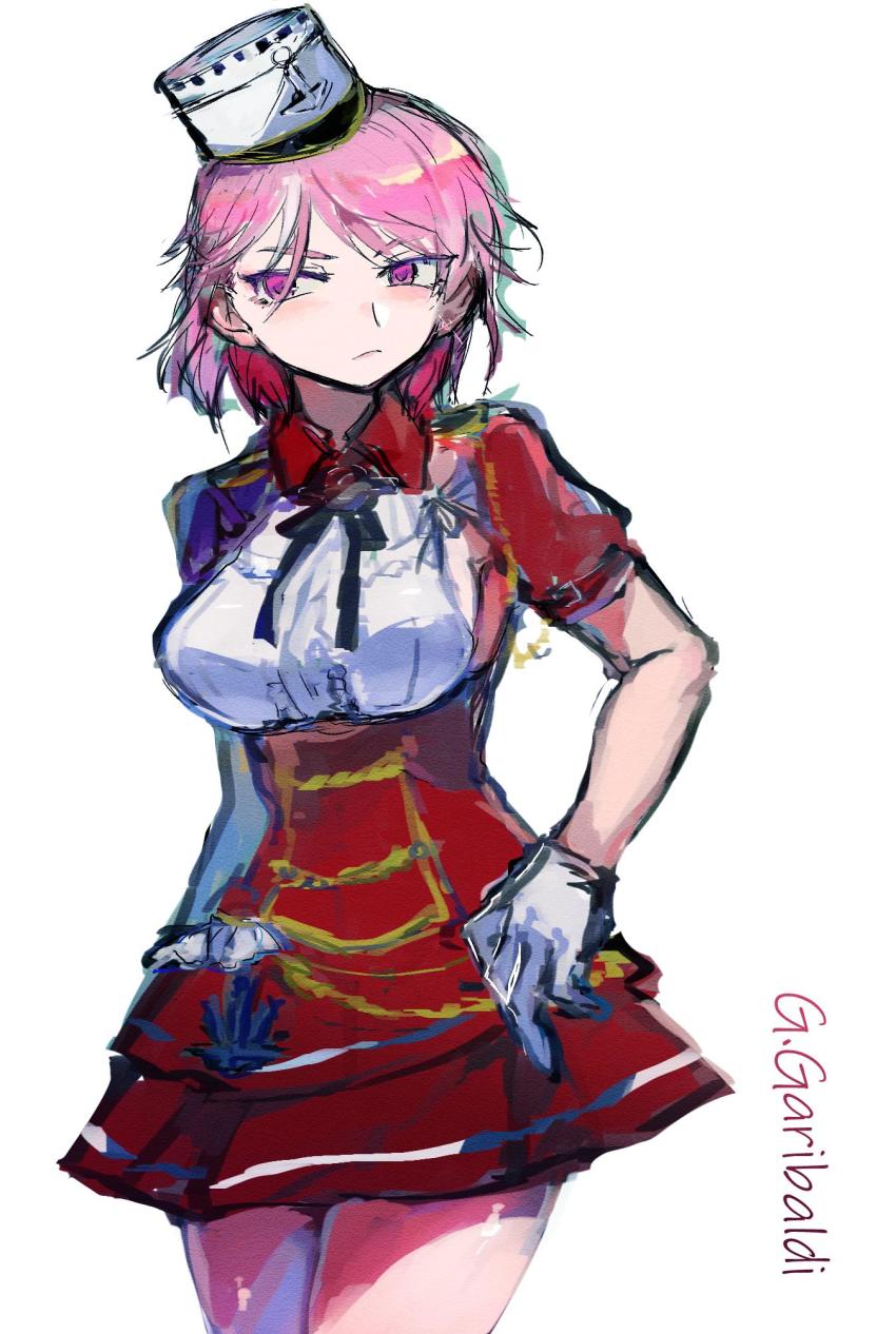 1girl agtt25333 aiguillette anchor armpit_cutout armpits black_ribbon blush breasts clothing_cutout collared_dress commentary_request cowboy_shot dress english_text epaulettes female_focus frills giuseppe_garibaldi_(kancolle) gloves hair_between_eyes hand_on_own_hip hat highres kantai_collection neck_ribbon pink_eyes pink_hair pleated_skirt red_shirt red_skirt ribbon shirt short_hair short_sleeves simple_background skirt solo white_background white_gloves white_hat