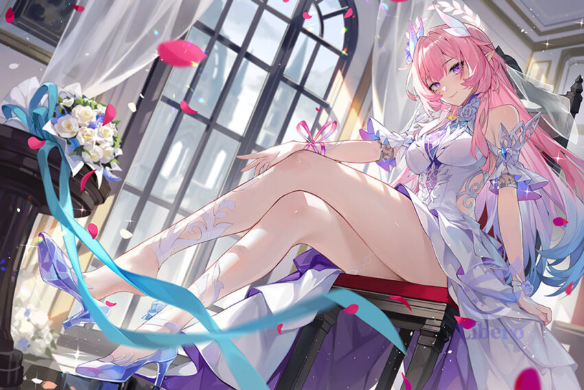 1girl armlet bare_shoulders blue_hair breasts closed_mouth commentary crossed_legs cyrene_(honkai:_star_rail) cyrene_(ripples_of_past_reverie)_(honkai:_star_rail) english_commentary full_body gradient_hair halo high_heels honkai:_star_rail honkai_(series) indoors jewelry large_breasts libero_art long_hair looking_at_viewer multicolored_hair pink_hair pink_petals pointy_ears purple_eyes purple_shoes shoes sidelocks sitting smile solo thighs very_long_hair window