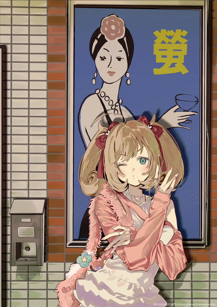 1girl ;o absurdres ahoge blush bow brown_hair commentary crossed_arms drawing_(object) dress fingernails fur_bag hair_bow hashtag-only_commentary highres idolmaster idolmaster_cinderella_girls long_sleeves looking_at_viewer nail_polish one_eye_closed red_bow sato_shin solo sugata_dski symbol-only_commentary tile_wall tiles twintails upper_body white_dress