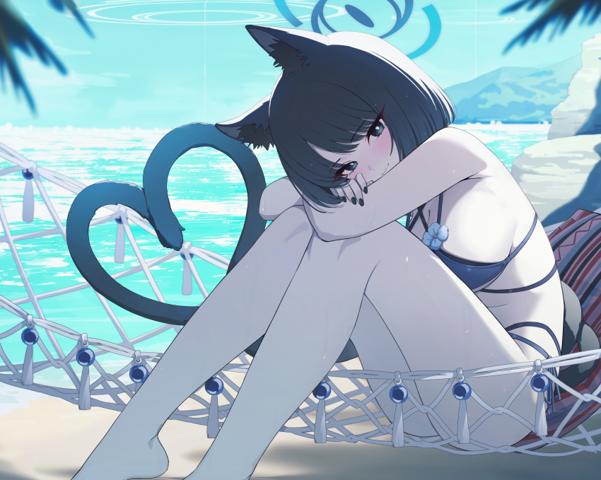 1girl absurdres animal_ears barefoot beach bikini black_eyes black_hair blue_archive blue_bikini blue_halo blue_sky bright_pupils cat_ears cat_girl cat_tail closed_mouth cloud commentary day goeleu halo hammock highres kikyou_(blue_archive) kikyou_(swimsuit)_(blue_archive) knees_up looking_at_viewer multi-strapped_bikini_bottom multi-strapped_bikini_top multiple_tails nekomata ocean outdoors revision side-tie_bikini_bottom sitting sky smile solo swimsuit tail two_tails white_pupils