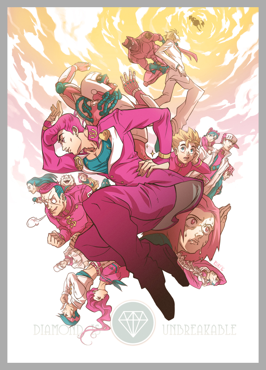 adachi_ruri anchor_symbol arnold_(jojo) blonde_hair border breath butterfly_hair_ornament chef_hat clenched_hands coat crazy_diamond crop_top dated gem_(symbol) diamond_wa_kudakenai dollar_sign double_bun earrings facial_mark father_and_daughter flower formal_clothes fungami_yuya gakuran green_hair grey_border hair_ornament hairband hand_on_own_hip hat hazekura_mikitaka headband heart higashikata_josuke higashikata_tomoko highres hirose_koichi ice_cream_cone index_finger_raised jewelry jojo_no_kimyou_na_bouken joseph_joestar joseph_joestar_(old) kawajiri_shinobu killer_queen kira_yoshikage kishibe_rohan kuujou_jolyne kuujou_joutarou long_hair midriff missing_tooth multicolored_hair necktie nijimura&#039;s_father nijimura_okuyasu nose_piercing open_mouth peace_symbol piercing pink_hair pointy_ears pompadour rose scarf school_uniform serafuku signature silhouette sky smile sparkle stand_(jojo) sugimoto_reimi suit sweat tongue tongue_out tonio_trussardi turtleneck two-tone_hair yamagishi_yukako yangu_shigekiyo yen_sign