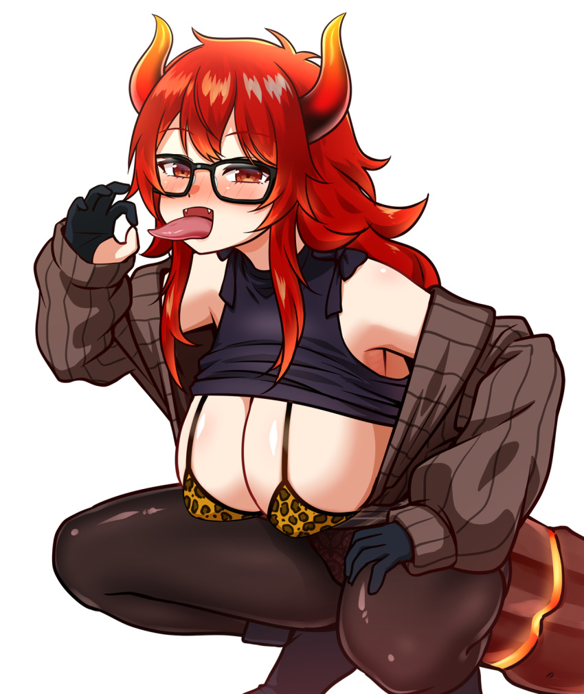 1girl bare_shoulders bikini black-framed_eyewear black_gloves black_shirt blush breasts brown_pantyhose brown_sweater buruma clothes_lift dola_(2nd_costume)_(nijisanji) dola_(nijisanji) dragon_girl dragon_horns dragon_tail fangs fellatio_gesture glasses gloves goriate gradient_hair gradient_horns highres horns leopard_print_bikini long_hair looking_at_viewer multicolored_hair multicolored_horns nijisanji nose_blush off-shoulder_sweater off_shoulder ok_sign open_mouth oral_invitation orange_bikini orange_eyes orange_hair orange_horns panties panties_under_buruma pantyhose pantyshot partially_fingerless_gloves red_eyes red_hair ribbed_sweater shirt shirt_lift simple_background sleeveless sleeveless_shirt solo squatting sweater swimsuit tail tongue tongue_out underwear virtual_youtuber white_background