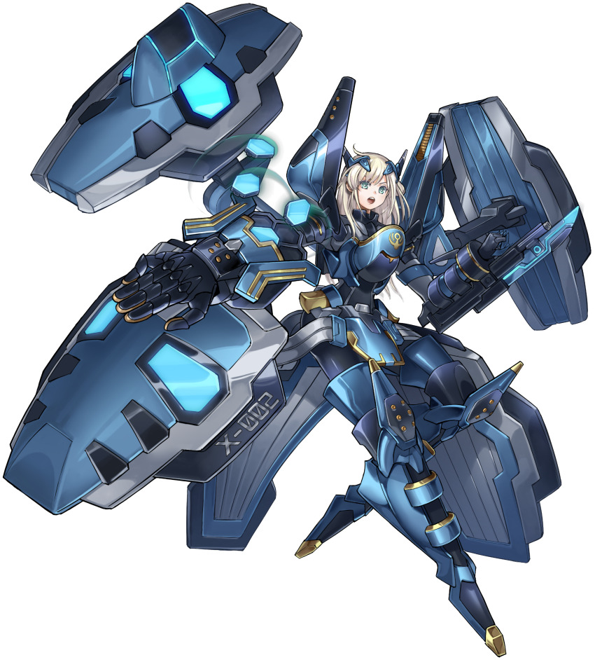 1girl absurdres anonymous_(yu-gi-oh!) blonde_hair duel_monster exoskeleton game_cg green_eyes gunblade highres horns leg_up looking_at_viewer mechanical_horns official_art open_mouth science_fiction shield sky_striker_ace_-_raye sky_striker_ace_-_shizuku third-party_source weapon yu-gi-oh! yu-gi-oh!_master_duel