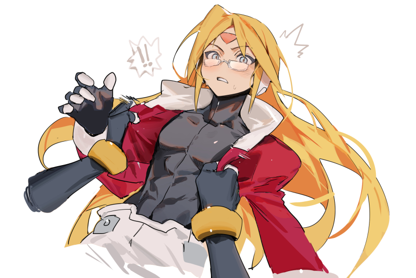 ! !! 1boy 1other abs android blonde_hair blue_eyes blush clothes_grab cropped_jacket facial_mark forehead_mark girouette_(mega_man) glasses highres jacket long_hair mayutsuba_mono mega_man_(series) mega_man_zx muscular muscular_male open_clothes open_jacket pants pov red_jacket semi-rimless_eyewear simple_background surprised under-rim_eyewear white_background white_pants