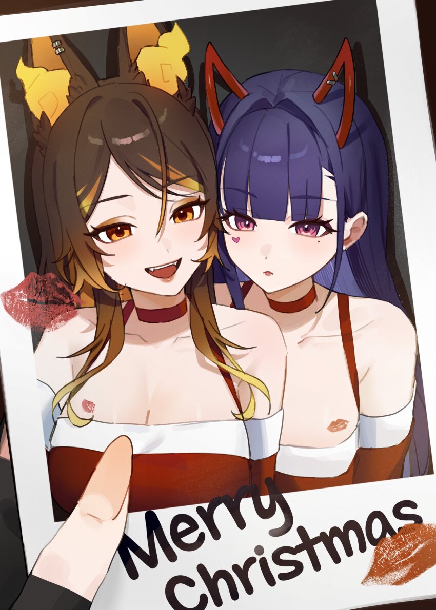 2girls absurdres akuma_nihmune animal_ears bare_shoulders blunt_bangs breasts brown_hair choker cleavage closed_mouth d4kou16 demon_horns detached_sleeves dress facial_mark fiery_ears fingerless_gloves gloves heart heart_facial_mark highres horns indie_virtual_youtuber large_breasts lipstick_mark long_hair looking_at_viewer merry_christmas mole mole_under_eye multicolored_hair multiple_girls open_mouth orange_eyes orange_fire orange_hair polaroid_photo purple_hair red_choker red_eyes santa_costume santa_dress sinder_(vtuber) streaked_hair virtual_youtuber wolf_ears wolf_girl