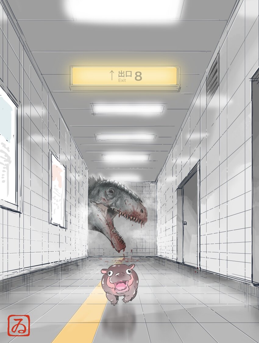 absurdres animal_focus artist_logo blood blood_drip blood_on_mouth ceiling_light commentary dinosaur door english_commentary exit_sign giganotosaurus hallway head_only highres hippopotamus kinoshita_itaru logo moo_deng no_humans open_mouth picture_frame real_life shadow sharp_teeth teeth the_exit_8 tile_floor tile_wall tiles vent_(object)