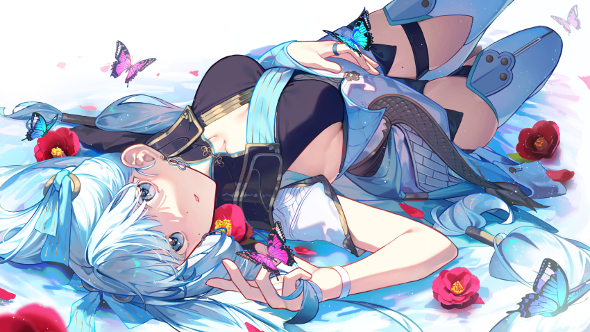 1girl absurdres black_dress breasts bug butterfly cleavage dress flower grey_eyes highres insect jinhsi_(wuthering_waves) large_breasts long_hair looking_at_viewer lying on_back open_mouth short_sleeves shotgunman skirt solo thighhighs twintails white_hair white_skirt white_thighhighs wuthering_waves