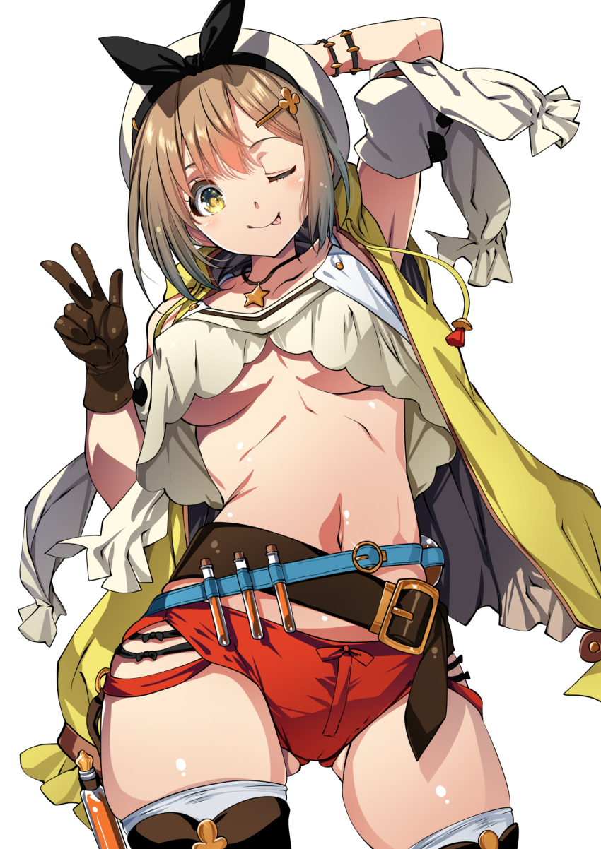 1girl ;p atelier_(series) atelier_ryza atelier_ryza_1 belt beret breasts brown_belt brown_hair commentary_request gluteal_fold hair_ornament hairclip hat highres jewelry looking_at_viewer medium_breasts necklace one_eye_closed red_shorts reisalin_stout short_hair short_shorts shorts simple_background star_(symbol) star_necklace tamiya_akito thick_thighs thighs tongue tongue_out underboob w white_background white_headwear yellow_eyes