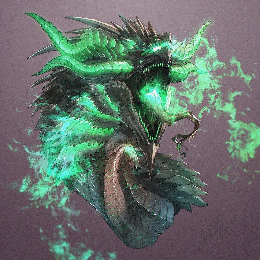 absurdres akie_(akidoygo) animal_focus black_scales breath_weapon breathing_fire brown_background colored_teeth cropped_torso dragon extra_eyes extra_faces fire forked_tongue glowing glowing_eyes glowing_mouth green_fire green_horns green_teeth highres horns monster multiple_horns no_humans original portrait scales sharp_teeth signature simple_background solo teeth tongue tongue_out