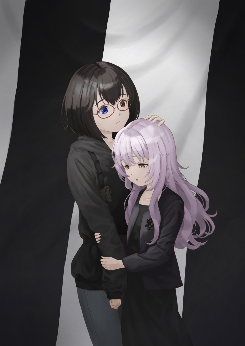 2girls absurdres black_hair black_hoodie blue_eyes brown_eyes glasses grey_eyes gun hand_on_another&#039;s_head handgun heterochromia highres holding_another&#039;s_arm hood hood_down hoodie kamikoshi_sorawo kozakura_(urasekai_picnic) long_hair medium_hair multiple_girls red-framed_eyewear satoshiy83 urasekai_picnic weapon white_hair