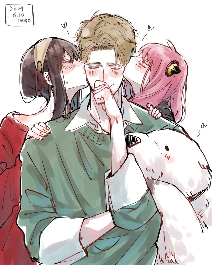 1boy 2girls ahoge anya_(spy_x_family) black_dress black_hair blonde_hair blush bond_(spy_x_family) child closed_eyes collared_shirt dated dog dress furrowed_brow green_sweater hair_between_eyes hairband hairpods hand_on_another&#039;s_shoulder hand_to_own_mouth highres kiss kissing_cheek laughing long_hair medium_hair multiple_girls parted_bangs pink_hair red_dress shirt shirt_under_sweater short_hair sidelocks sleeves_rolled_up smile spy_x_family sweatdrop sweater twilight_(spy_x_family) umini_ikukara upper_body white_background white_hairband white_shirt yor_briar