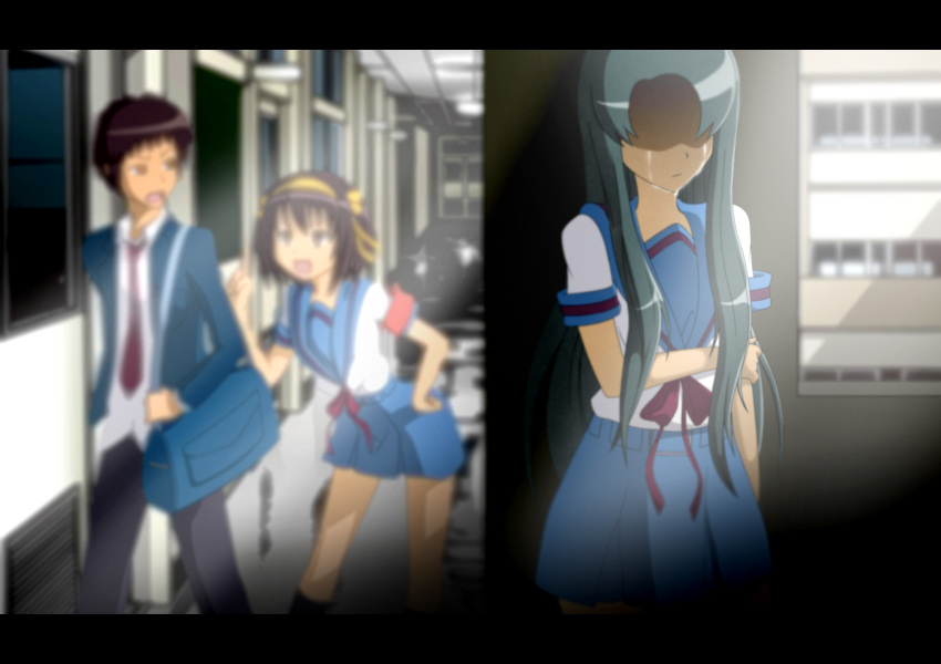 1boy 2girls bag blurry brown_hair depth_of_field hairband highres holding_own_arm jealous kyon long_hair multiple_girls point23 school_uniform serafuku shaded_face soft_focus suzumiya_haruhi suzumiya_haruhi_no_yuuutsu tears tsuruya