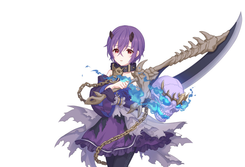 black_pantyhose blue_fire collar dress fire holding holding_sword holding_weapon horns official_art pantyhose princess_connect! purple_dress purple_hair red_eyes shinobu_(princess_connect!) short_hair skull sword tachi-e transparent_background weapon