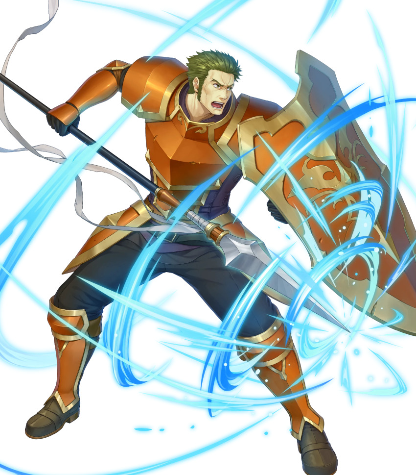 1boy armor cheekbones fire_emblem fire_emblem:_the_blazing_blade fire_emblem_heroes full_body green_eyes green_hair highres holding holding_polearm holding_shield holding_weapon male_focus mature_male nintendo official_art open_mouth orange_armor oswin_(fire_emblem) polearm shibayama_wankuro shield short_hair sideburns solo third-party_source transparent_background weapon