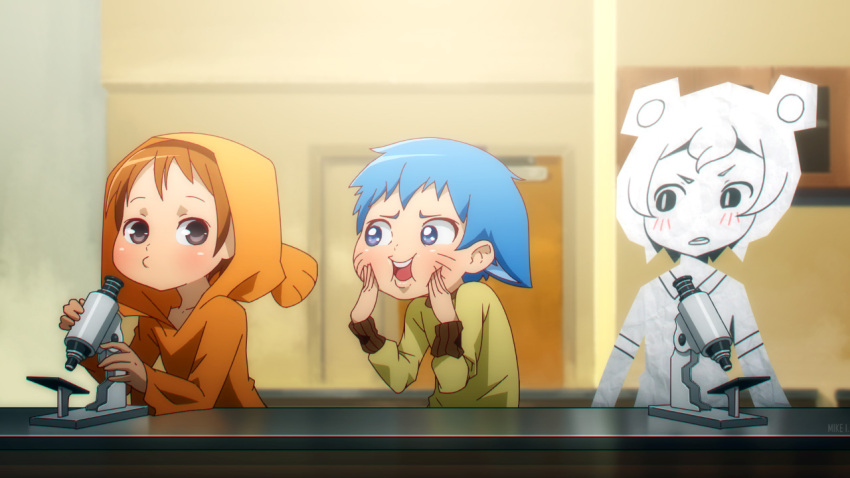 1girl 2boys alternate_skin_color blue_hair blush cartoon_network darwin_watterson gumball_watterson hood hoodie humanized microscope mike_inel multiple_boys paper school science teri_(tawog) teri_(the_amazing_world_of_gumball) the_amazing_world_of_gumball