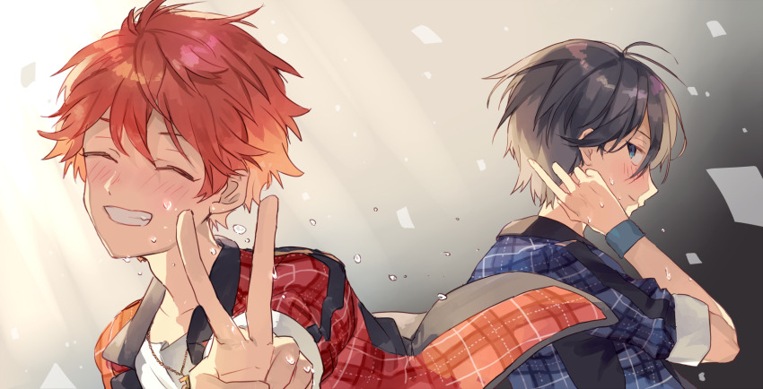 2boys akehoshi_subaru antenna_hair black_hair blue_eyes blue_jacket ensemble_stars! facing_viewer flying_sweatdrops hair_between_eyes hidaka_hokuto highres jacket jewelry light_rays looking_at_another looking_back multiple_boys necklace open_clothes open_jacket orange_hair plaid_clothes plaid_jacket red_jacket short_hair sweat syerii upper_body v wristband