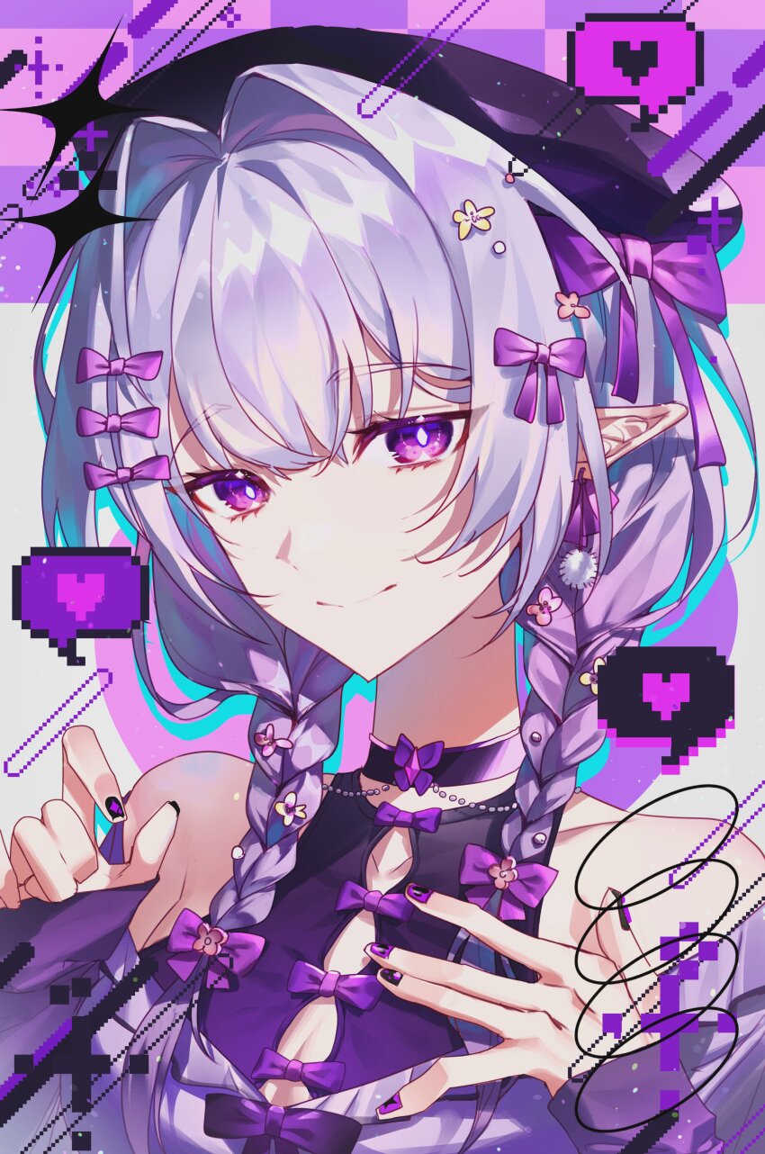 1girl absurdres alternate_costume alternate_hairstyle bare_shoulders black_hat bow braid breasts bright_pupils castorice_(honkai:_star_rail) choker cleavage collarbone commentary hair_bow hair_intakes hat heart highres honkai:_star_rail honkai_(series) looking_at_viewer multiple_hair_bows nail_polish pixel_heart pointy_ears purple_bow purple_choker purple_eyes purple_hair purple_nails side_braid sleeves_past_wrists smile solo spoken_heart starten1000 symbol-only_commentary too_many_bows twin_braids upper_body white_pupils