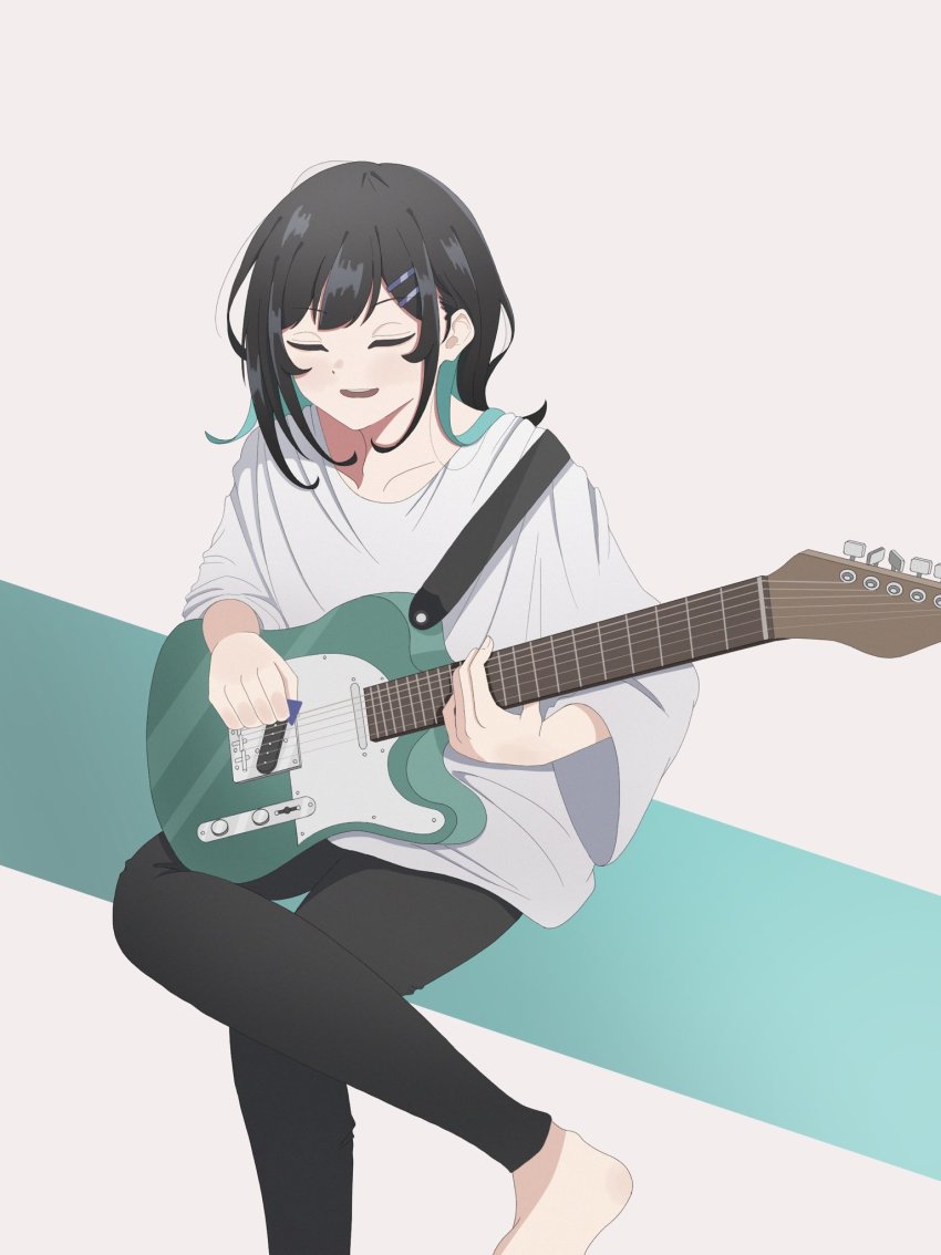 1girl bad_id bad_pixiv_id barefoot black_hair black_pants crossed_legs electric_guitar fender_telecaster guitar hair_ornament hairclip highres instrument long_hair long_sleeves music open_mouth original pants playing_instrument shirt smile solo white_shirt wide_sleeves yasou0049