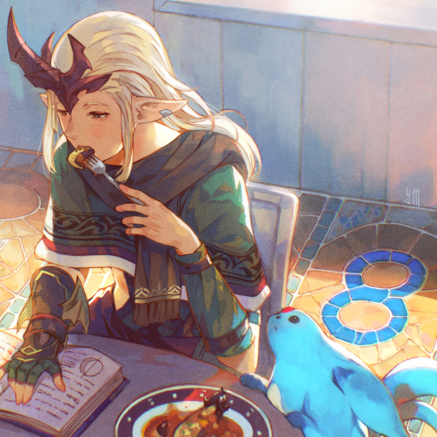 artist_request blonde_hair book brown_scarf carbuncle_(final_fantasy) creature earclip eating fake_horns final_fantasy final_fantasy_xiv fingerless_gloves fork gloves green_gloves highres holding holding_fork horns long_hair official_art open_book open_mouth plate pointy_ears reading scarf single_glove single_horn solo summoner_(final_fantasy) warrior_of_light_(ff14)