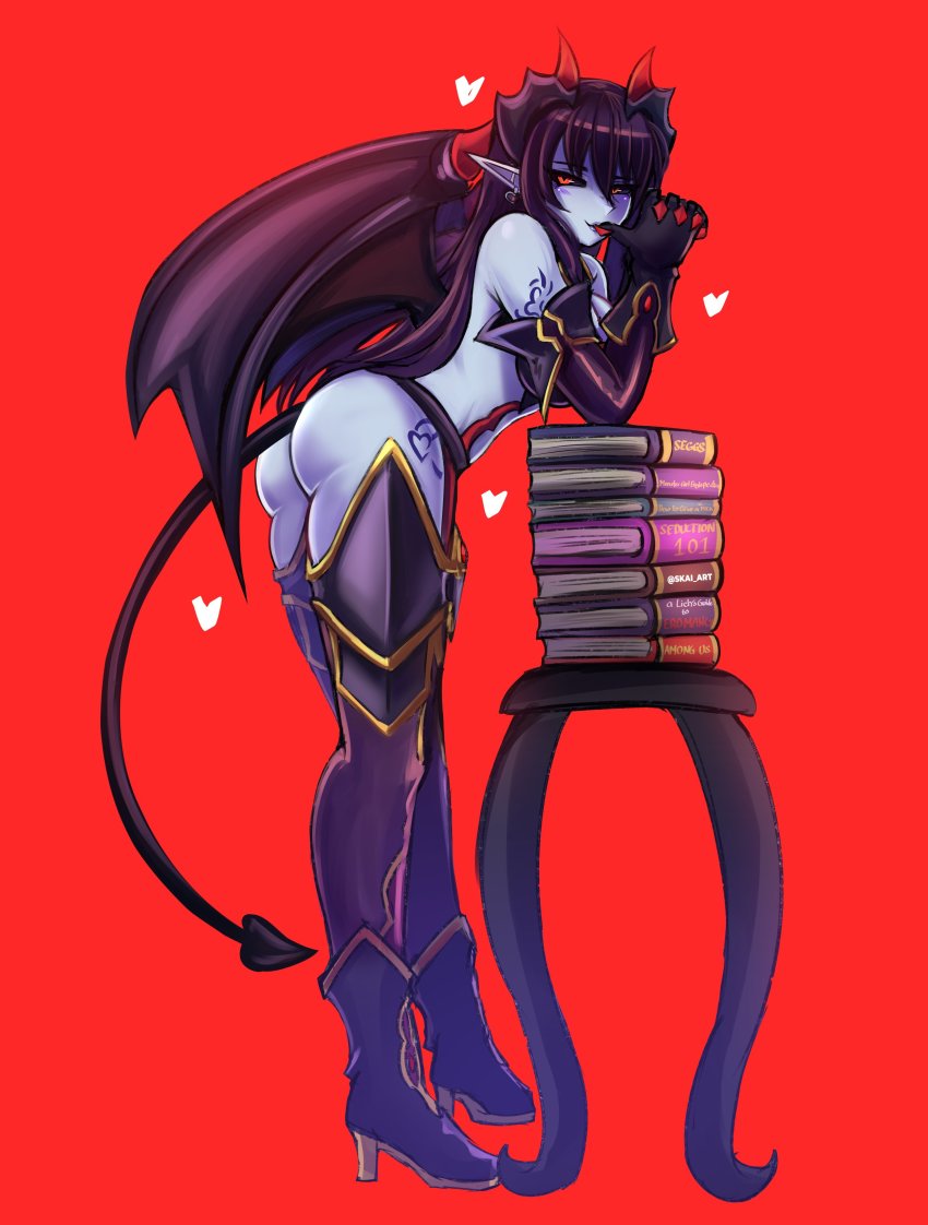 1girl absurdres ass bare_shoulders black_sclera blue_skin blush book boots colored_sclera colored_skin demon_(monster_girl_encyclopedia) demon_girl demon_horns demon_tail demon_wings elbow_gloves gloves high_heels highres horns long_hair monster_girl monster_girl_encyclopedia monster_girl_encyclopedia_ii pointy_ears purple_hair red_background simple_background skai_art solo tail wings