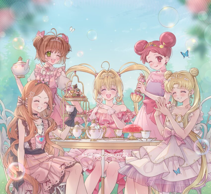 +1_(yakusoku0722) 5girls ahoge antenna_hair artist_name bare_shoulders bishoujo_senshi_sailor_moon black_gloves blonde_hair blush bow brown_hair bubble bug butterfly cake cardcaptor_sakura chair character_request choker closed_eyes copyright_request crossover cup cupcake double_bun dress earrings facial_mark food forehead_mark gloves green_eyes grin hair_bun hair_ornament harukaze_doremi highres holding insect jewelry kero_(cardcaptor_sakura) kinomoto_sakura long_hair luna_(sailor_moon) mermaid_melody_pichi_pichi_pitch multiple_crossover multiple_girls musical_note nanami_lucia necklace ojamajo_doremi one_eye_closed open_mouth outdoors pink_dress pink_eyes pink_skirt power_connection red_eyes red_hair short_hair sitting skirt smile table tea teacup teapot tiara tiered_tray trait_connection tsukino_usagi twintails twitter_username very_long_hair watermark white_dress white_gloves