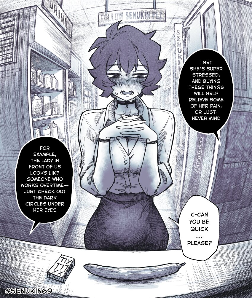 1girl absurdres artist_name averting_eyes blush bottle breasts choker cleavage commentary cucumber double-parted_bangs durex english_commentary english_text greyscale hands_up highres kin_(senukin) large_breasts logo_parody looking_down monochrome my_co-worker_is_an_eldritch_x open_mouth own_hands_together peanut_mouth senukin shelf shirt short_hair skirt solo_focus speech_bubble sweat wristband