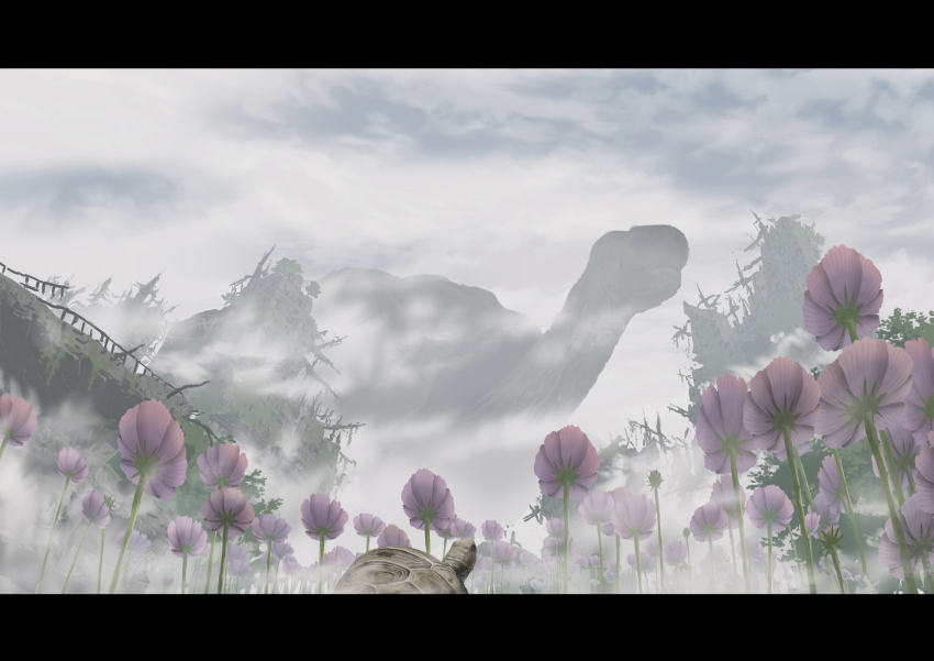 absurdres animal animal_focus fantasy flower fog highres no_humans original outdoors overcast oversized_animal scenery size_difference sky sumassha_t_t tortoise turtle