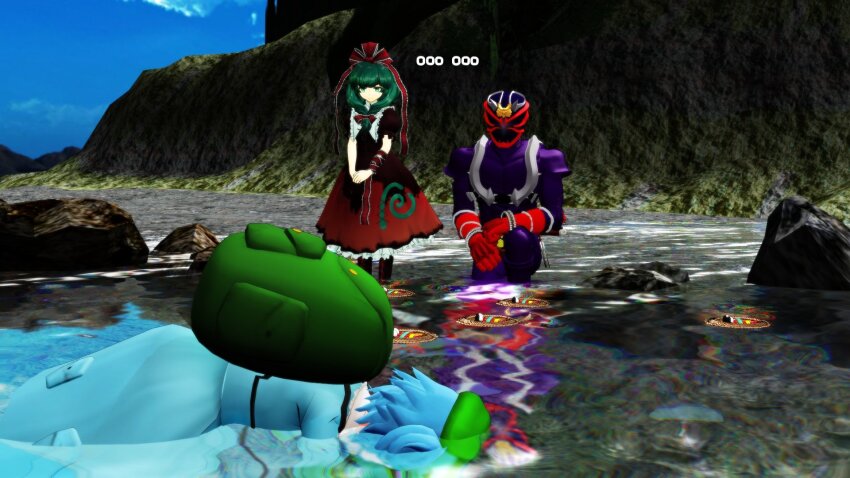 ... 1boy 2girls highres kagiyama_hina kamen_rider kamen_rider_hibiki kamen_rider_hibiki_(series) kawashiro_nitori multiple_girls touhou