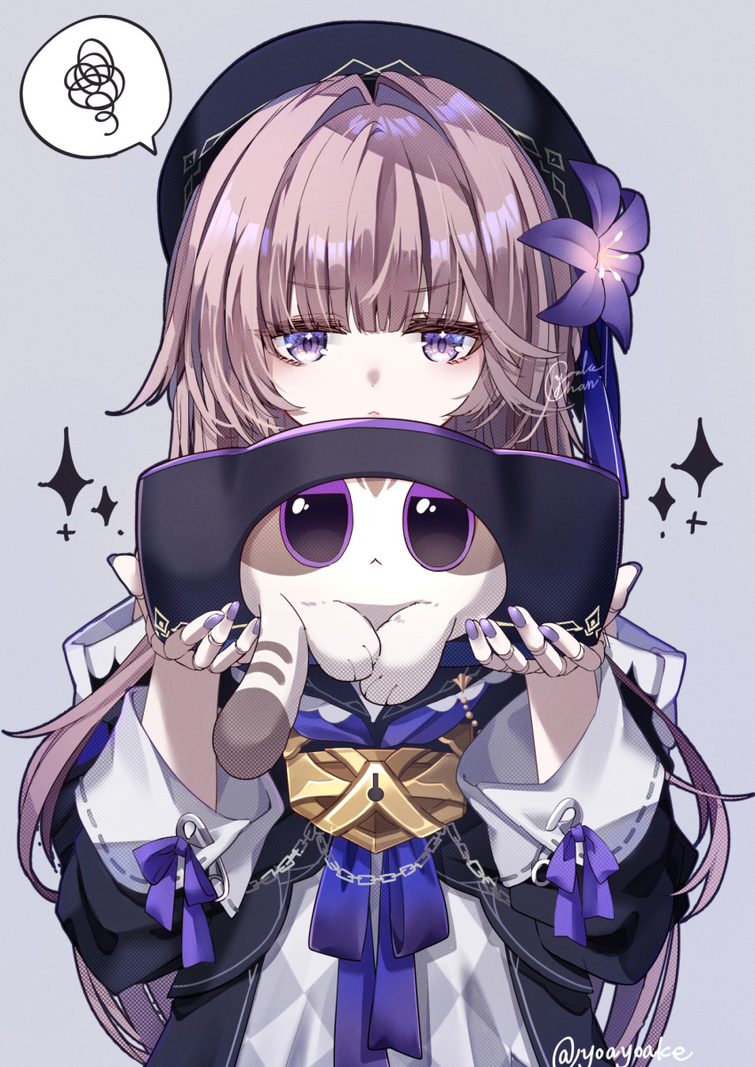 1girl :&lt; animal beret black_hat chain critter_pick_(honkai:_star_rail) dress fingernails flower grey_hair hair_flower hair_intakes hair_ornament hands_up hat herta_(honkai:_star_rail) herta_(wisteria_cake)_(honkai:_star_rail) highres holding holding_animal honkai:_star_rail honkai_(series) lock long_fingernails long_hair nail_polish padlock purple_eyes purple_nails purple_ribbon ribbon sign solo sparkle sparkling_aura spoken_squiggle squiggle twitter_username upper_body yoake_(yoakey)